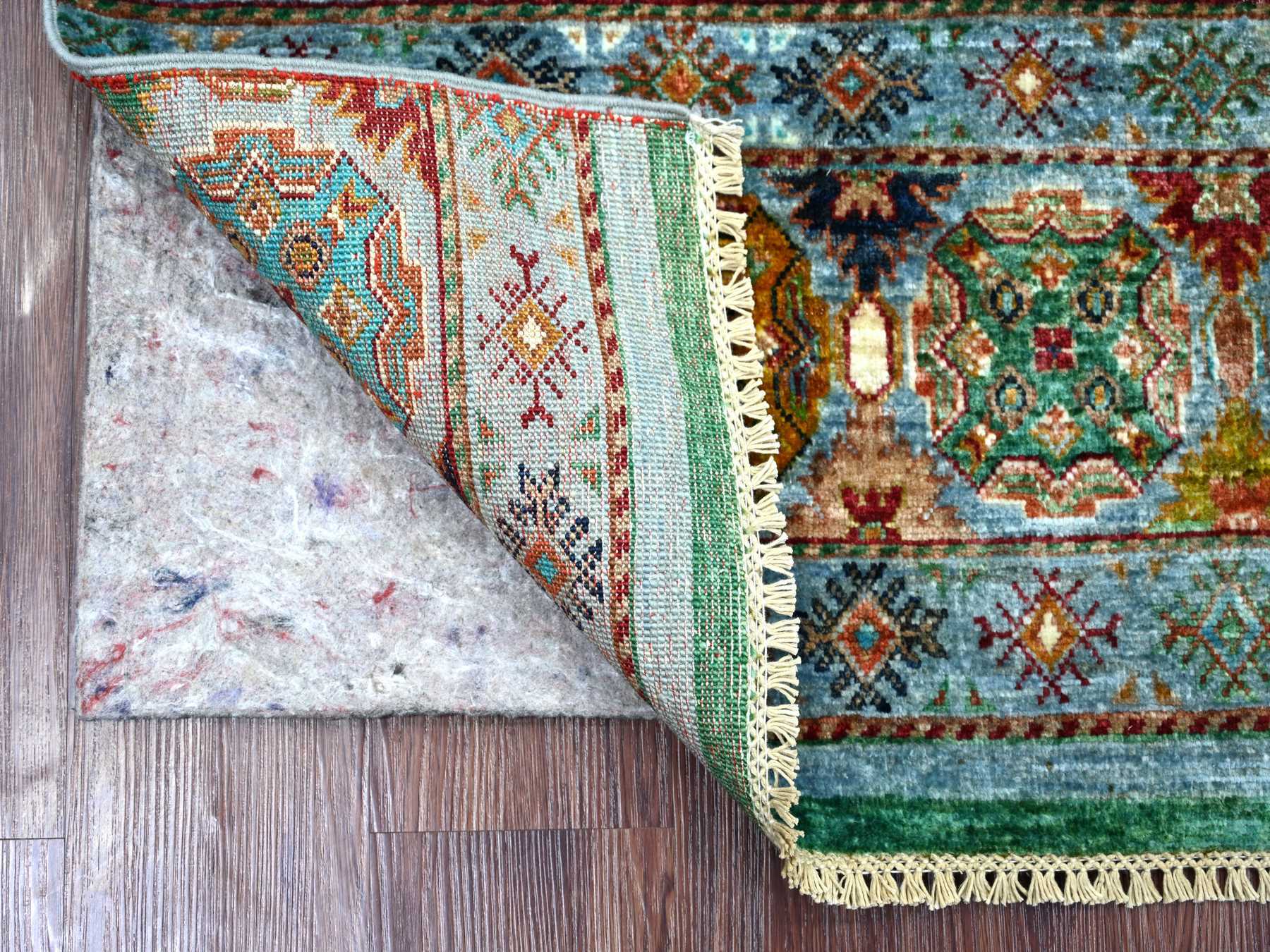2'8"x3'11" Light Blue, Afghan Super Kazak with Khorjin Design, Pure Wool, Hand Knotted, Vegetable Dyes, Sample, Mat, Oriental Rug HR22043 - Image 2