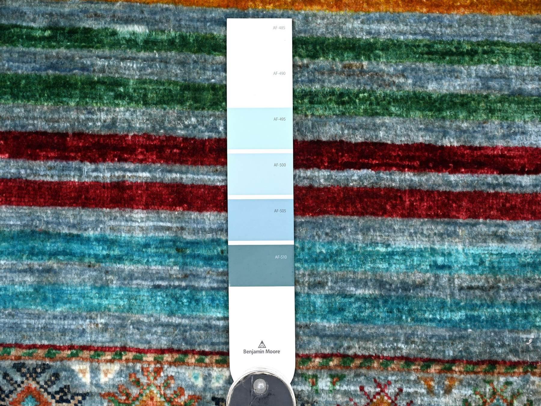 2'8"x3'11" Light Blue, Afghan Super Kazak with Khorjin Design, Pure Wool, Hand Knotted, Vegetable Dyes, Sample, Mat, Oriental Rug HR22043 - Image 3