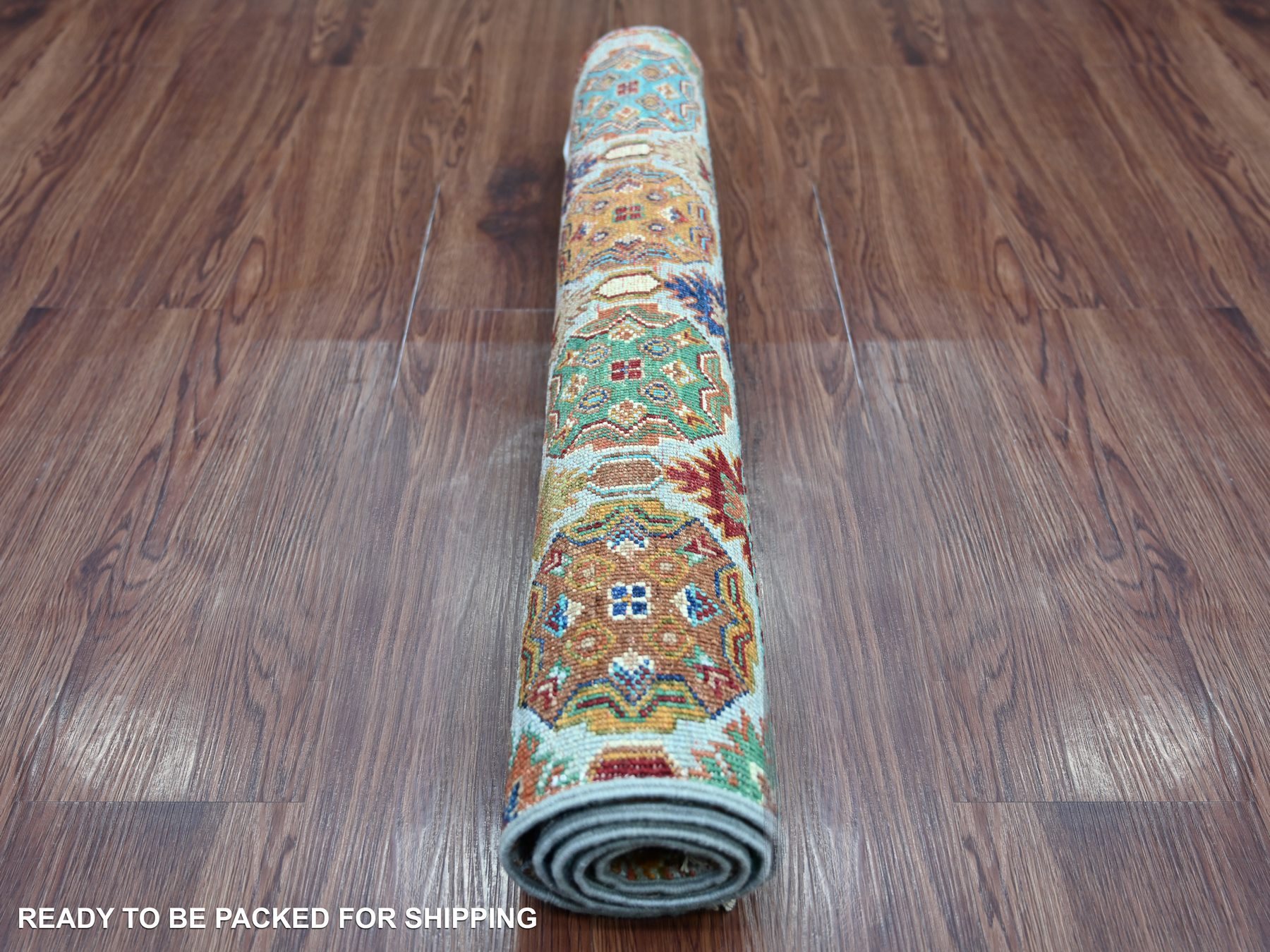 2'8"x3'11" Light Blue, Afghan Super Kazak with Khorjin Design, Pure Wool, Hand Knotted, Vegetable Dyes, Sample, Mat, Oriental Rug HR22043 - Image 4