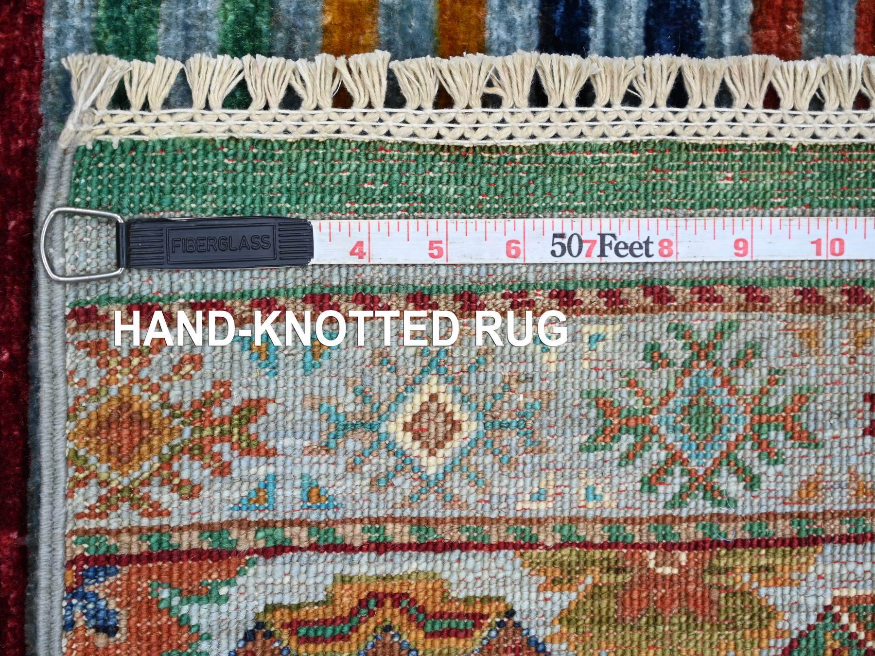 2'8"x3'11" Light Blue, Afghan Super Kazak with Khorjin Design, Pure Wool, Hand Knotted, Vegetable Dyes, Sample, Mat, Oriental Rug HR22043 - Image 6