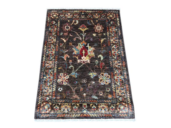 2'9"x3'10" Chocolate Brown, Hand Knotted, Afghan Sultani with All Over Floral Pattern, Denser Weave, Vegetable Dyes, Soft Wool, Oriental Rug HR22044