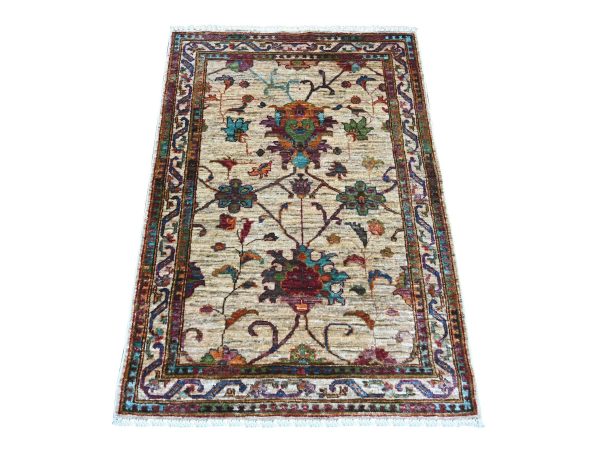 2'9"x4'1" Oyster White, Hand Knotted, Natural Dyes, Soft and Vibrant Wool, Afghan Sultani, All Over Floral Pattern, Sample, Mat, Oriental Rug HR22045