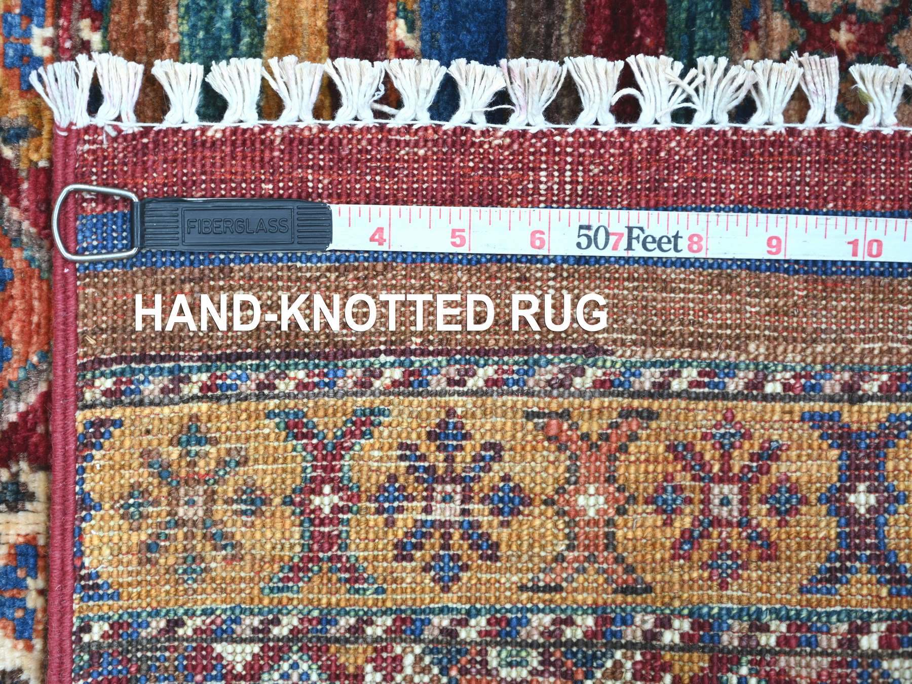 2'10"x4'4" Rust Red, Pure Wool, Hand Knotted, Vegetable Dyes, Afghan Super Kazak with Khorjin Design, Sample, Mat, Oriental Rug HR22048 - Image 6