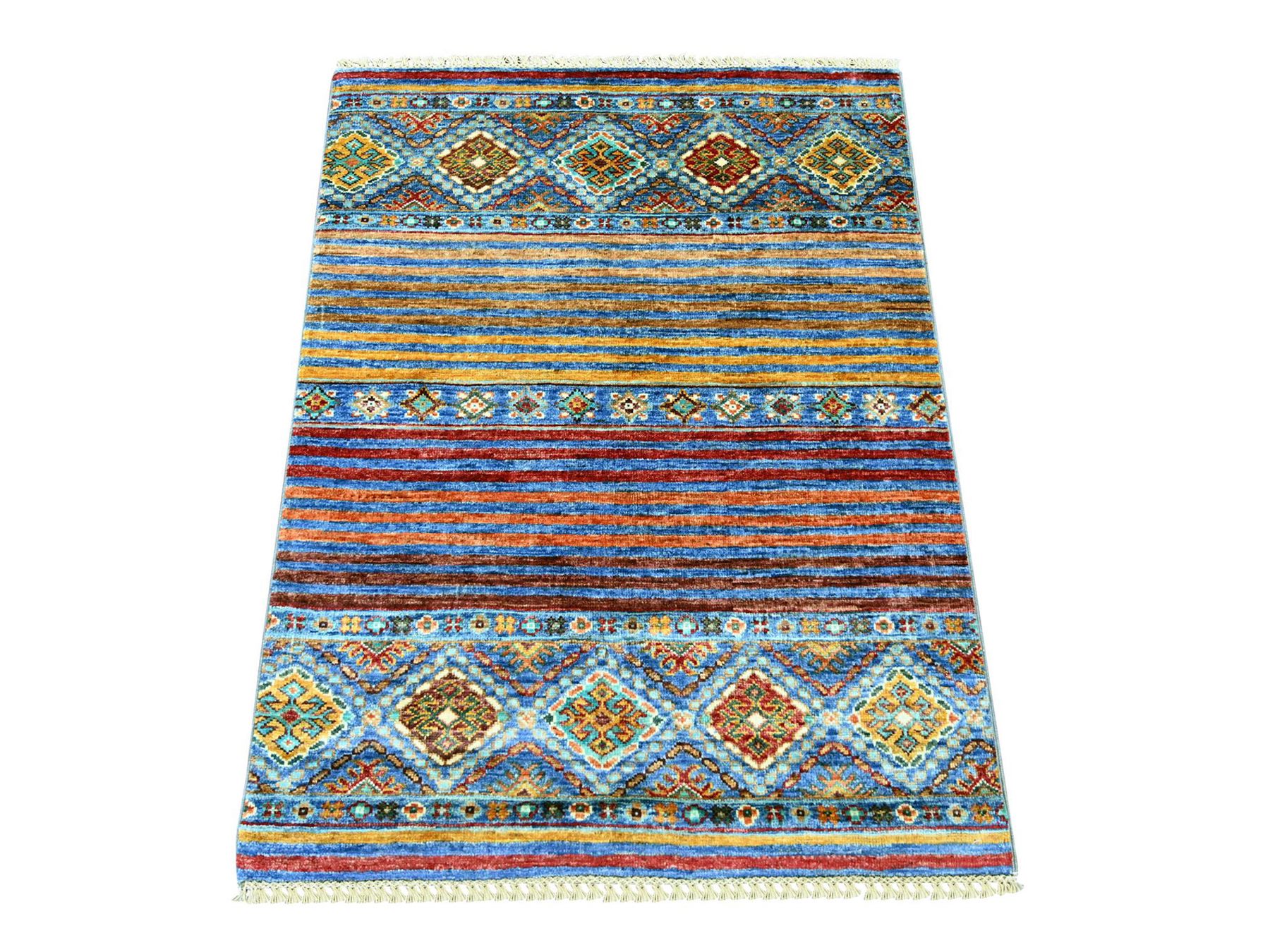 2'9"x3'8" Cerulean Blue, Hand Knotted, Pure Wool, Vegetable Dyes, Afghan Super Kazak with Khorjin Design, Sample, Mat, Oriental Rug HR22061