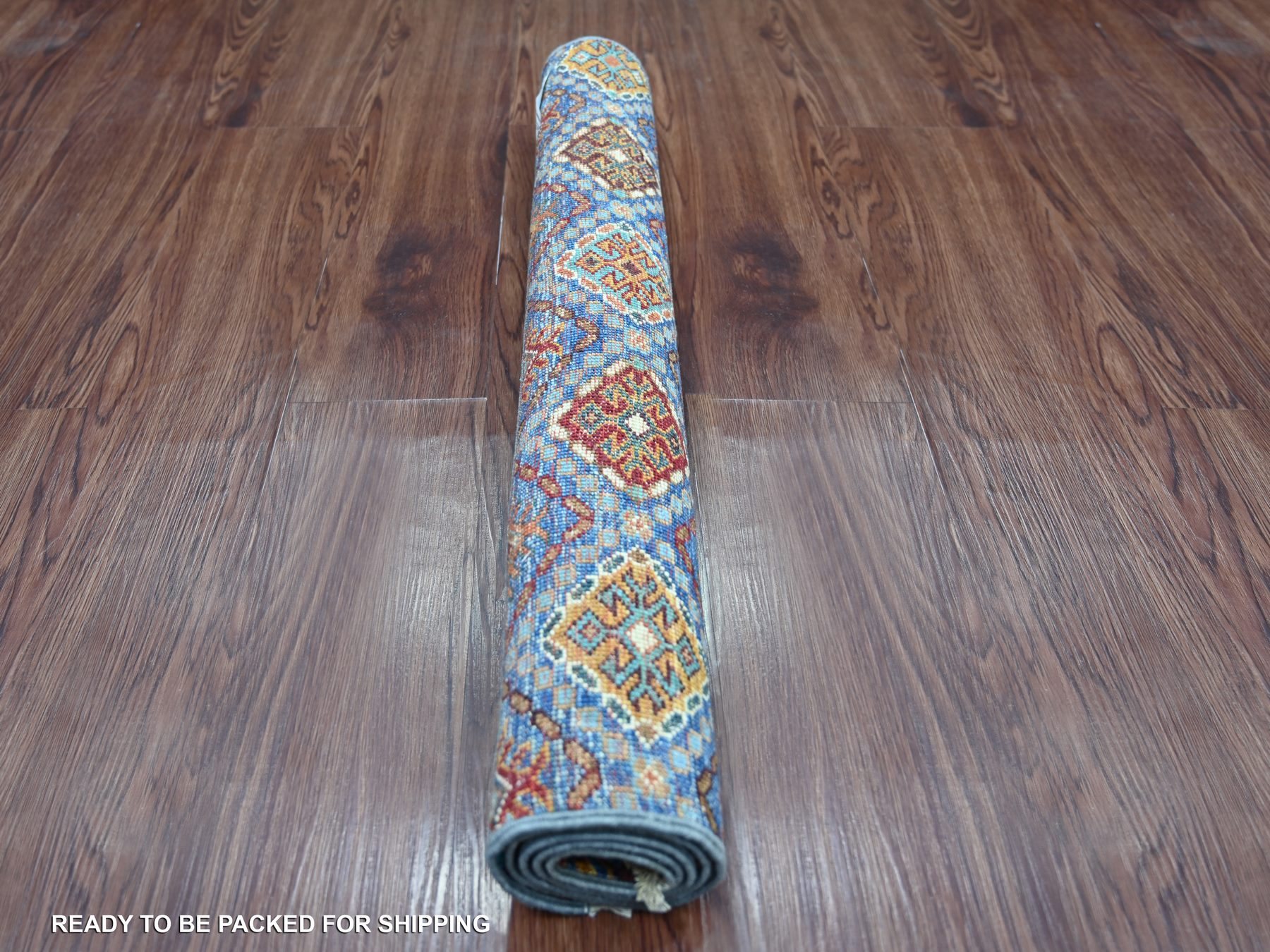 2'9"x3'8" Cerulean Blue, Hand Knotted, Pure Wool, Vegetable Dyes, Afghan Super Kazak with Khorjin Design, Sample, Mat, Oriental Rug HR22061 - Image 4