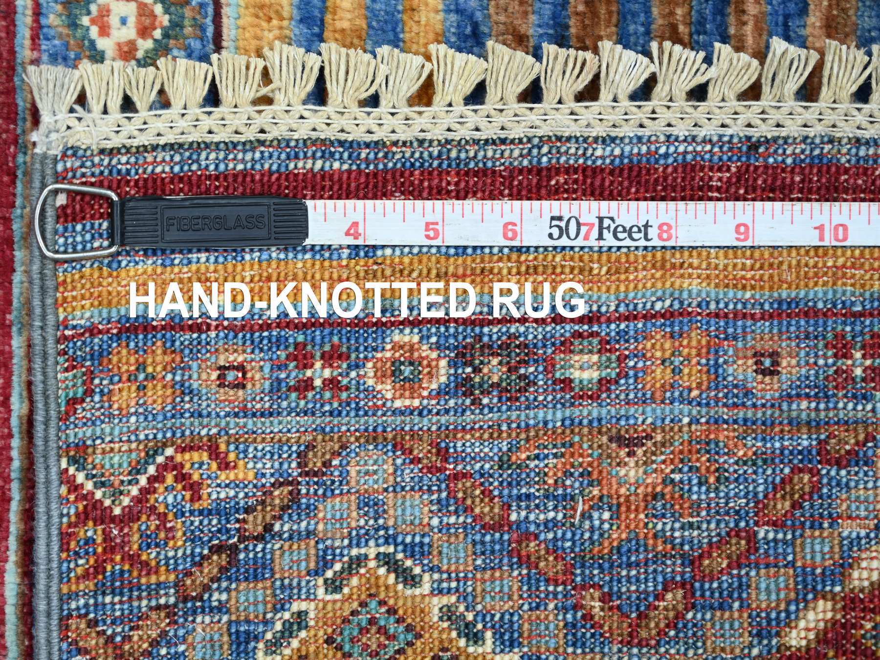 2'9"x3'8" Cerulean Blue, Hand Knotted, Pure Wool, Vegetable Dyes, Afghan Super Kazak with Khorjin Design, Sample, Mat, Oriental Rug HR22061 - Image 6