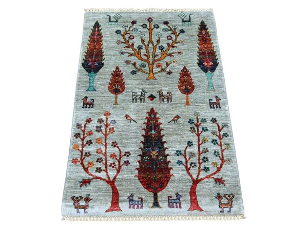 2'8"x3'10" Misty Gray, Afghan Sultani with Cypress Tree Design, Denser Weave, Vegetable Dyes, Hand Knotted, Soft Wool, Sample, Mat, Oriental Rug HR22062