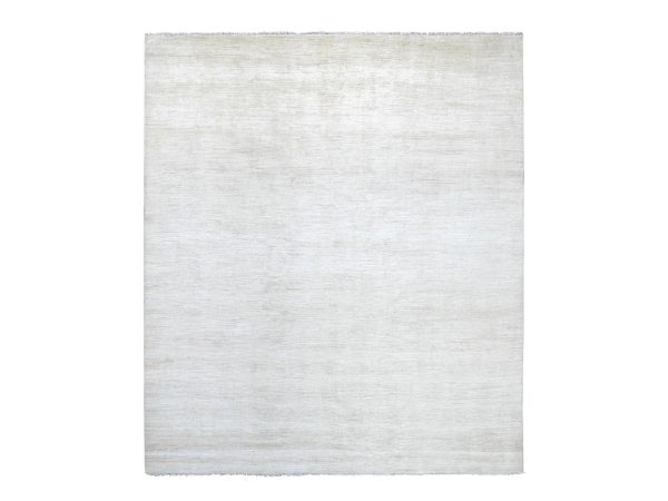 8'3"x9'3" Daisy White, Plain Solid Pattern, Hand Knotted, Hand Spun Ghazni Wool, Lush and Plush, Oriental Rug HR22158