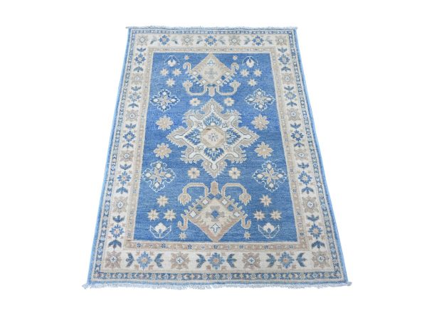 3'4"x4'7" Marlin Blue, Vintage Look Kazak with Geometric Medallions, Hand Knotted, 100% Wool, Natural Dyes, Oriental Rug HR22199