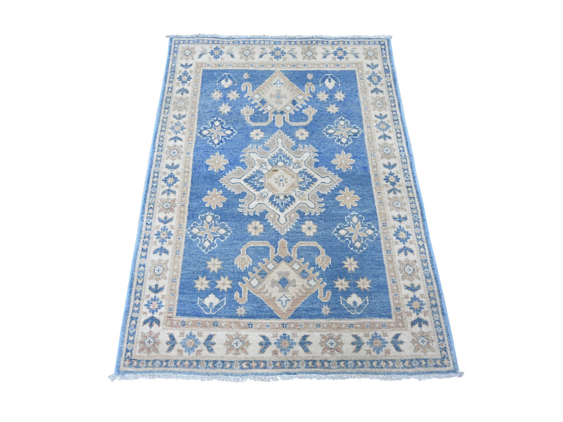 3'4"x4'7" Marlin Blue, Vintage Look Kazak with Geometric Medallions, Hand Knotted, 100% Wool, Natural Dyes, Oriental Rug HR22199