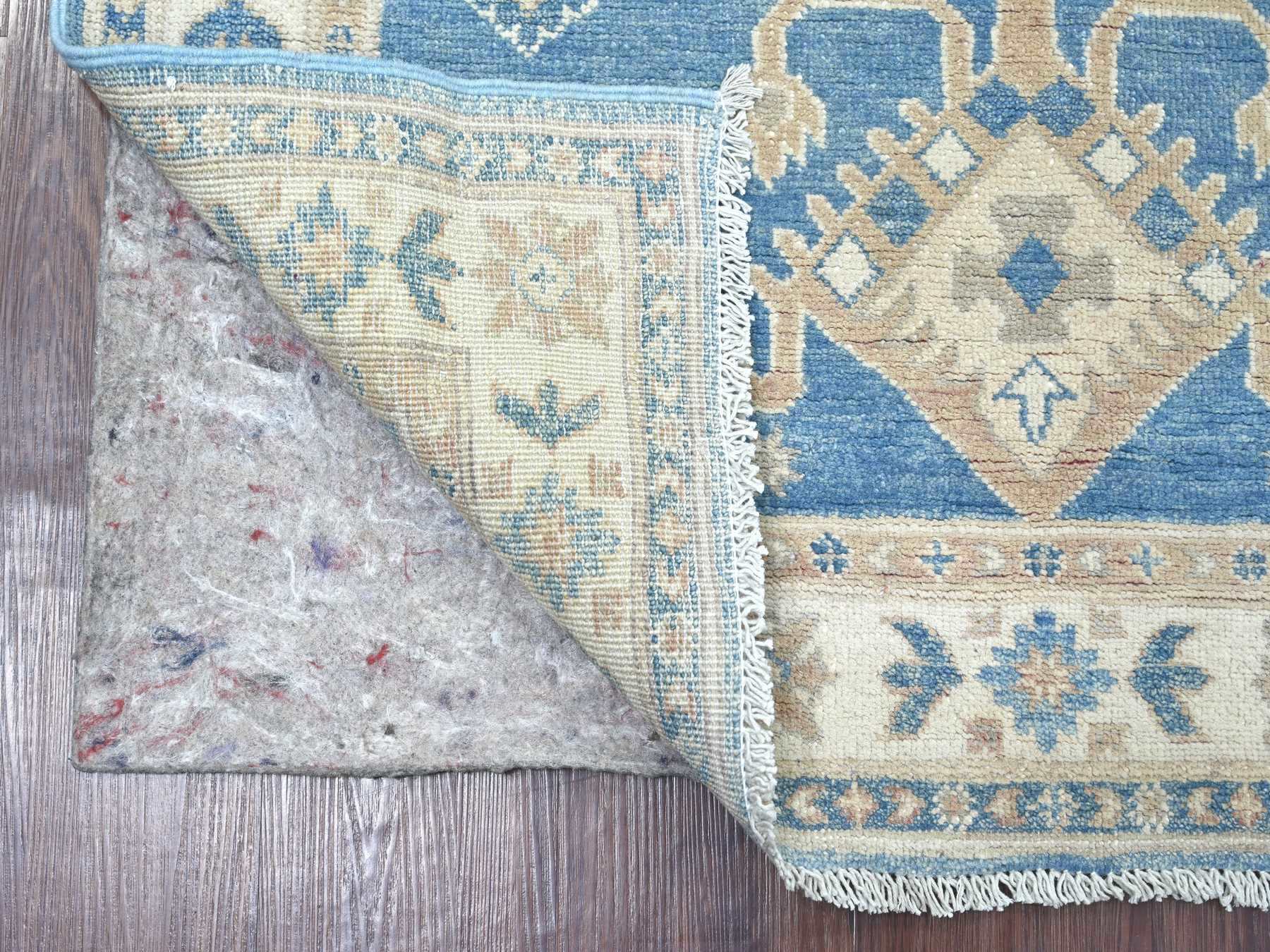 3'4"x4'7" Marlin Blue, Vintage Look Kazak with Geometric Medallions, Hand Knotted, 100% Wool, Natural Dyes, Oriental Rug HR22199 - Image 2