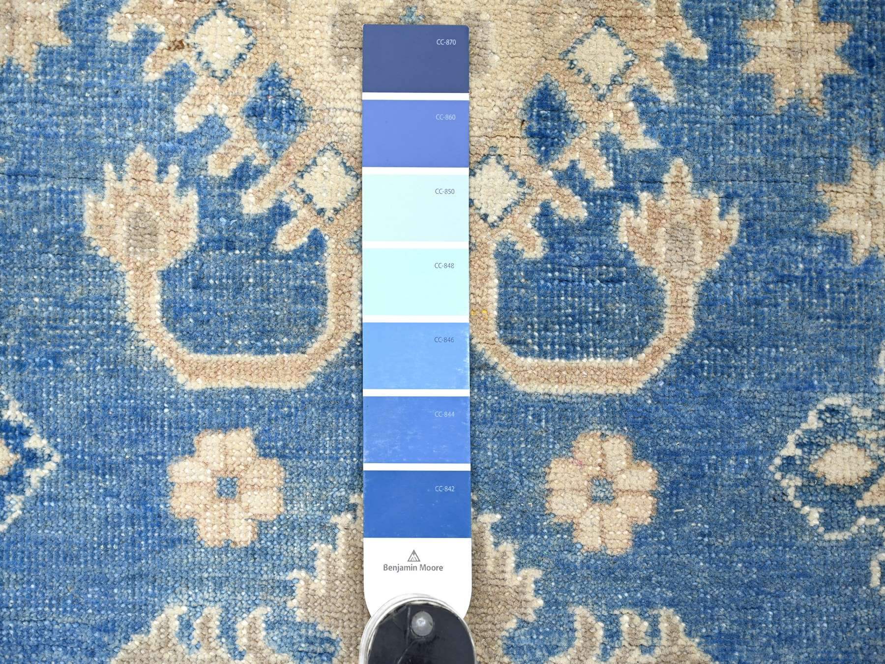 3'4"x4'7" Marlin Blue, Vintage Look Kazak with Geometric Medallions, Hand Knotted, 100% Wool, Natural Dyes, Oriental Rug HR22199 - Image 3