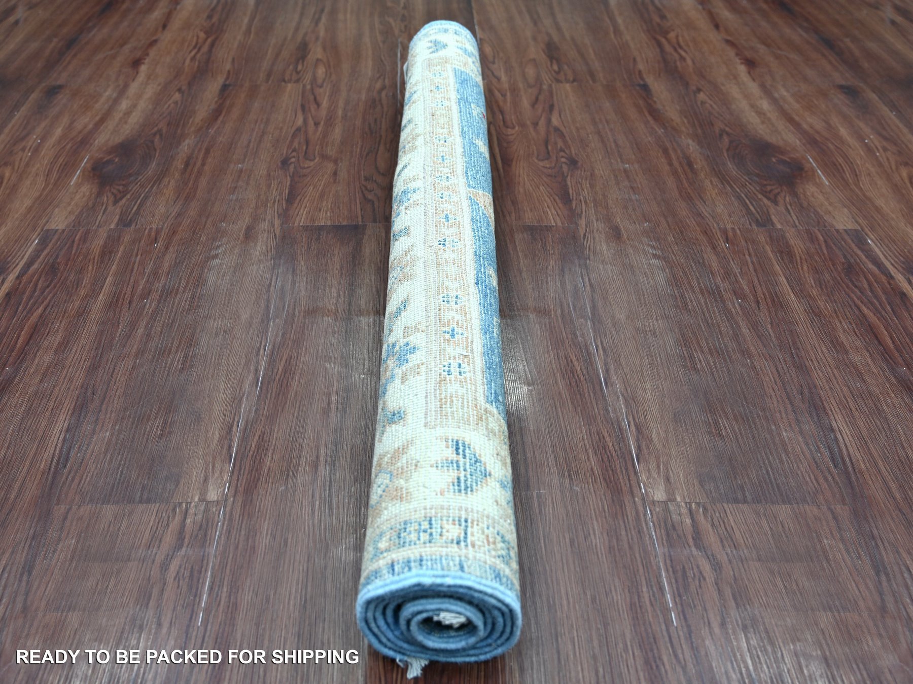 3'4"x4'7" Marlin Blue, Vintage Look Kazak with Geometric Medallions, Hand Knotted, 100% Wool, Natural Dyes, Oriental Rug HR22199 - Image 4