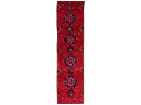 3'1"x12'4" Candy Red, Overdyed Vintage Northwest Persian with Geometric Medallions, Worn and Distressed, Sheared Low, Zero Pile, Sides and Ends Professionally Secured, Hand Knotted, 100% Wool, Runner, Oriental Rug HR2220