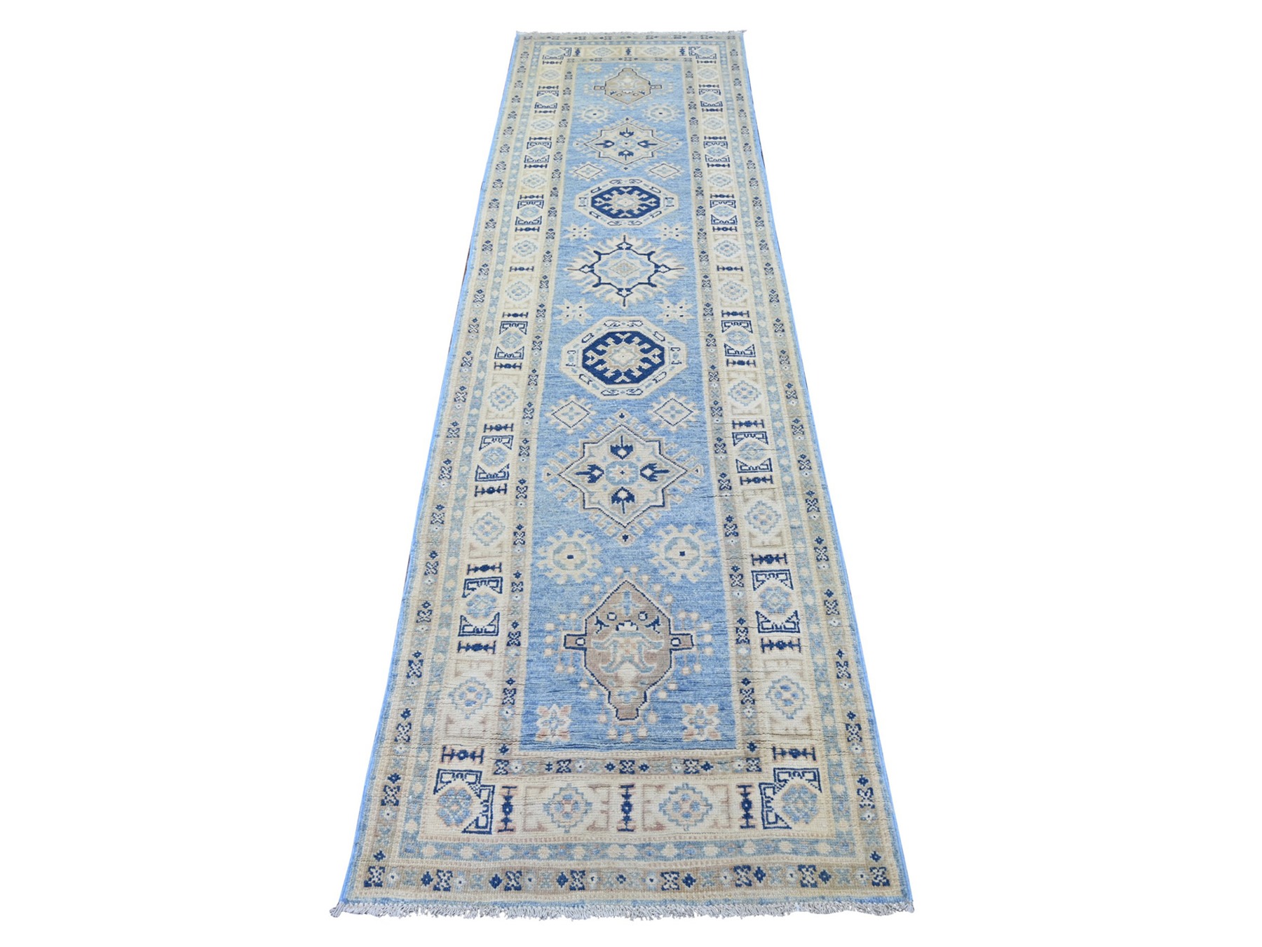2'8"x9'7" Maya Blue, Vintage Look Kazak with Geometric Medallions, Hand Knotted, 100% Wool, Natural Dyes, Runner, Oriental Rug HR22214