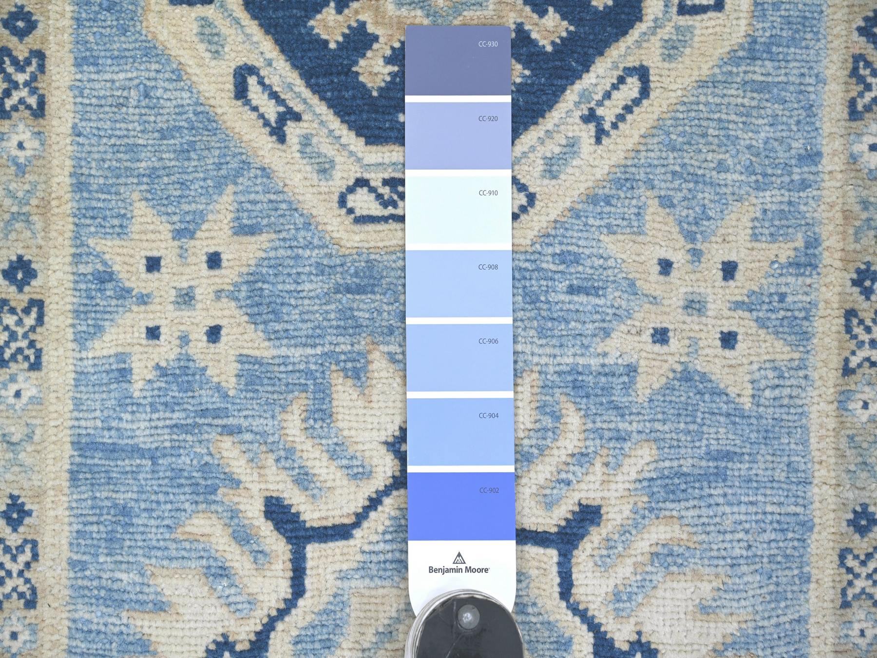 2'8"x9'7" Maya Blue, Vintage Look Kazak with Geometric Medallions, Hand Knotted, 100% Wool, Natural Dyes, Runner, Oriental Rug HR22214 - Image 3