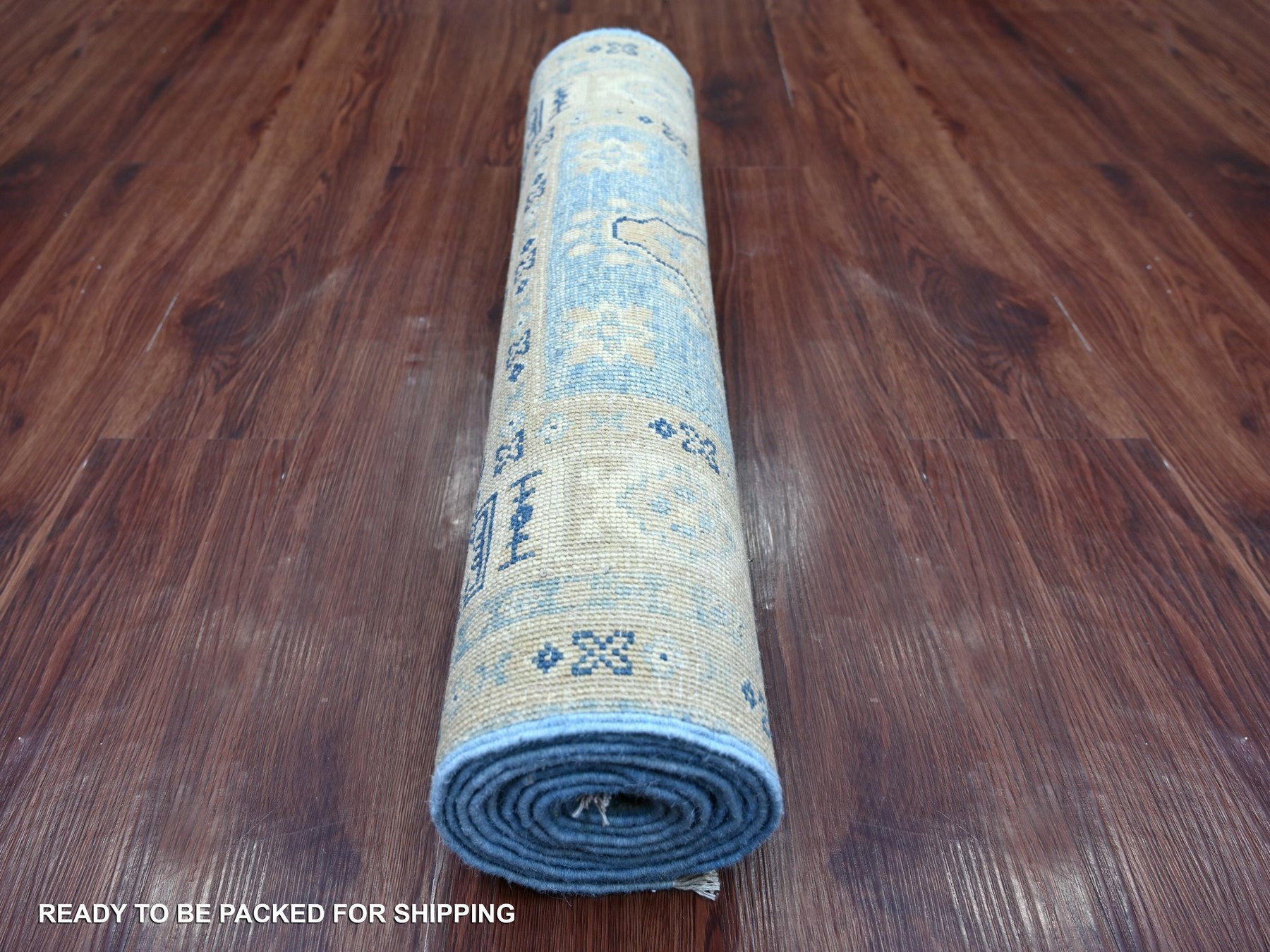 2'8"x9'7" Maya Blue, Vintage Look Kazak with Geometric Medallions, Hand Knotted, 100% Wool, Natural Dyes, Runner, Oriental Rug HR22214 - Image 4