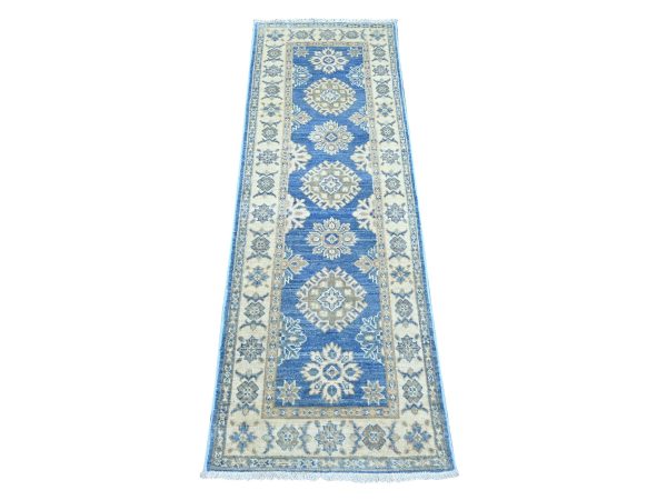 2'x5'7" Marlin Blue, Vintage Look Kazak with Tribal Medallions, Hand Knotted, 100% Wool, Natural Dyes, Short and Narrow Runner, Oriental Rug HR22216