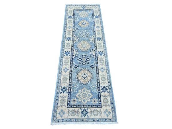 2'x6'1" Maya Blue, Vintage Look Kazak with Tribal Medallions, Hand Knotted, 100% Wool, Natural Dyes, Narrow Runner, Oriental Rug HR22219