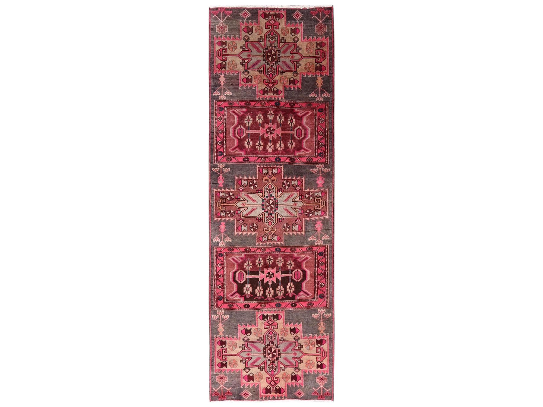 2'9"x9'1" Rouge Pink, Vintage Northwest Persian with Geometric Medallion Design, Distinct Abrash, Worn and Distressed, Sheared Low, Zero Pile, Sides and Ends Professionally Secured, Hand Knotted, 100% Wool, Runner, Oriental Rug HR2233