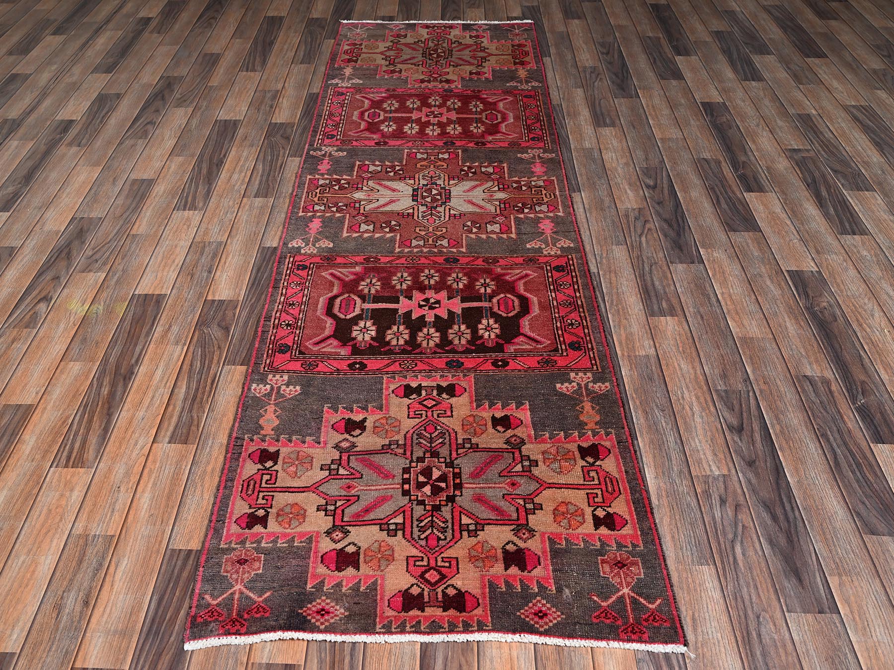 2'9"x9'1" Rouge Pink, Vintage Northwest Persian with Geometric Medallion Design, Distinct Abrash, Worn and Distressed, Sheared Low, Zero Pile, Sides and Ends Professionally Secured, Hand Knotted, 100% Wool, Runner, Oriental Rug HR2233 - Image 2