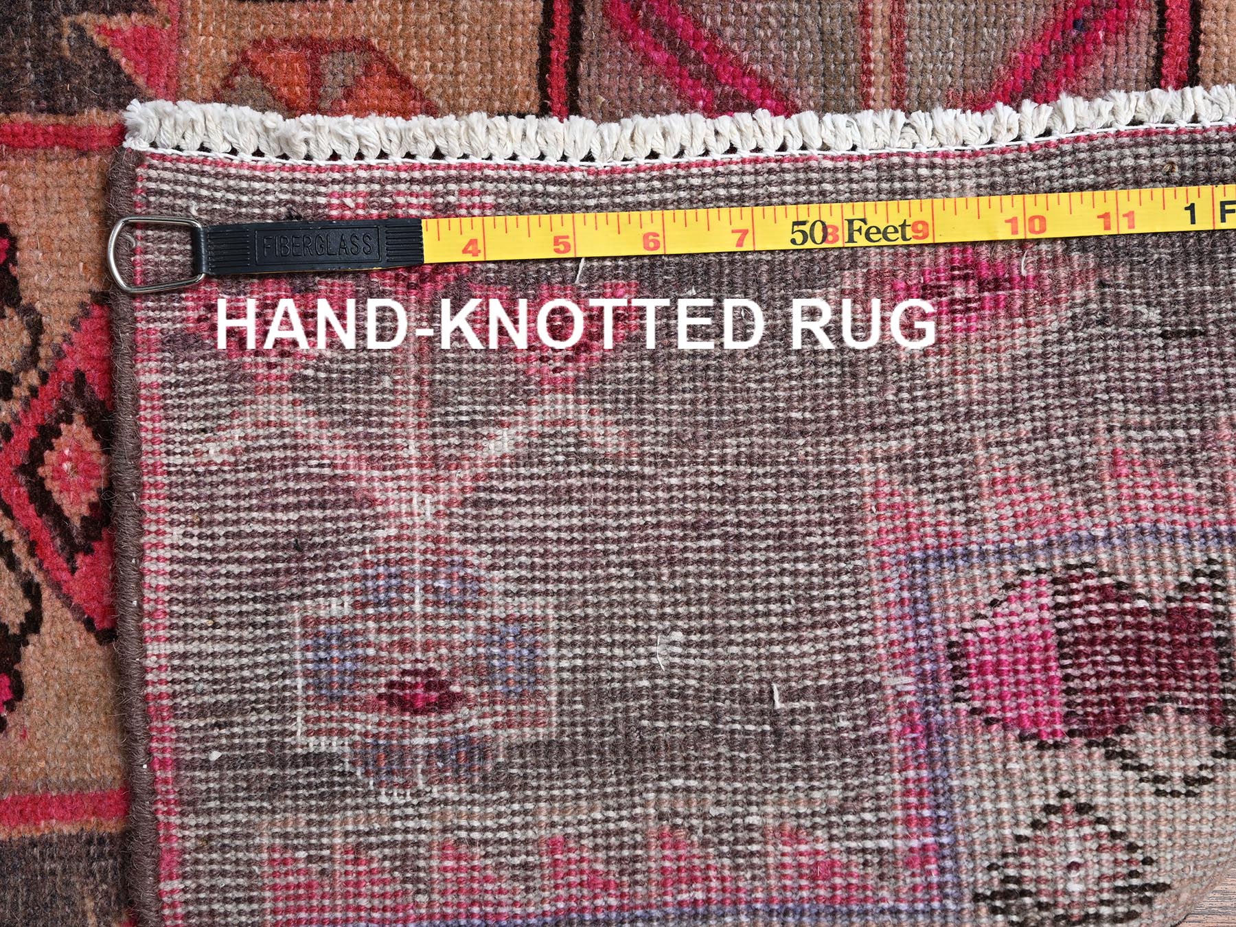 2'9"x9'1" Rouge Pink, Vintage Northwest Persian with Geometric Medallion Design, Distinct Abrash, Worn and Distressed, Sheared Low, Zero Pile, Sides and Ends Professionally Secured, Hand Knotted, 100% Wool, Runner, Oriental Rug HR2233 - Image 7