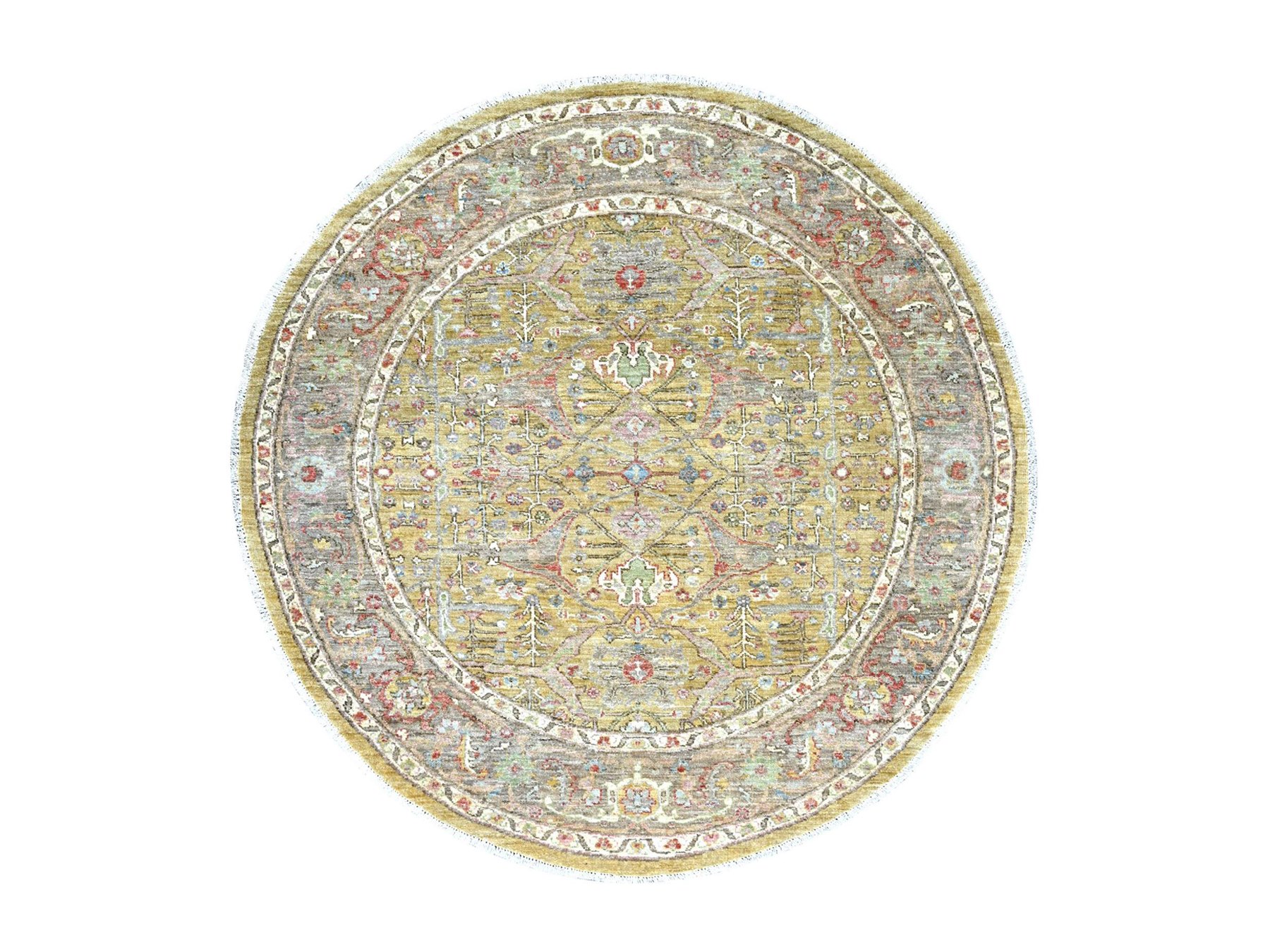 6'x6' Golden Yellow, Peshawar with Bijar Garus Design, Hand Knotted, High Mountain Wool, Densely Woven, Round, Oriental Rug HR22351