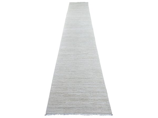 2'6"x14'4" Daisy White, Plain Solid Pattern, Hand Knotted, Hand Spun Ghazni Wool, Lush and Plush, XL Runner, Oriental Rug HR22370