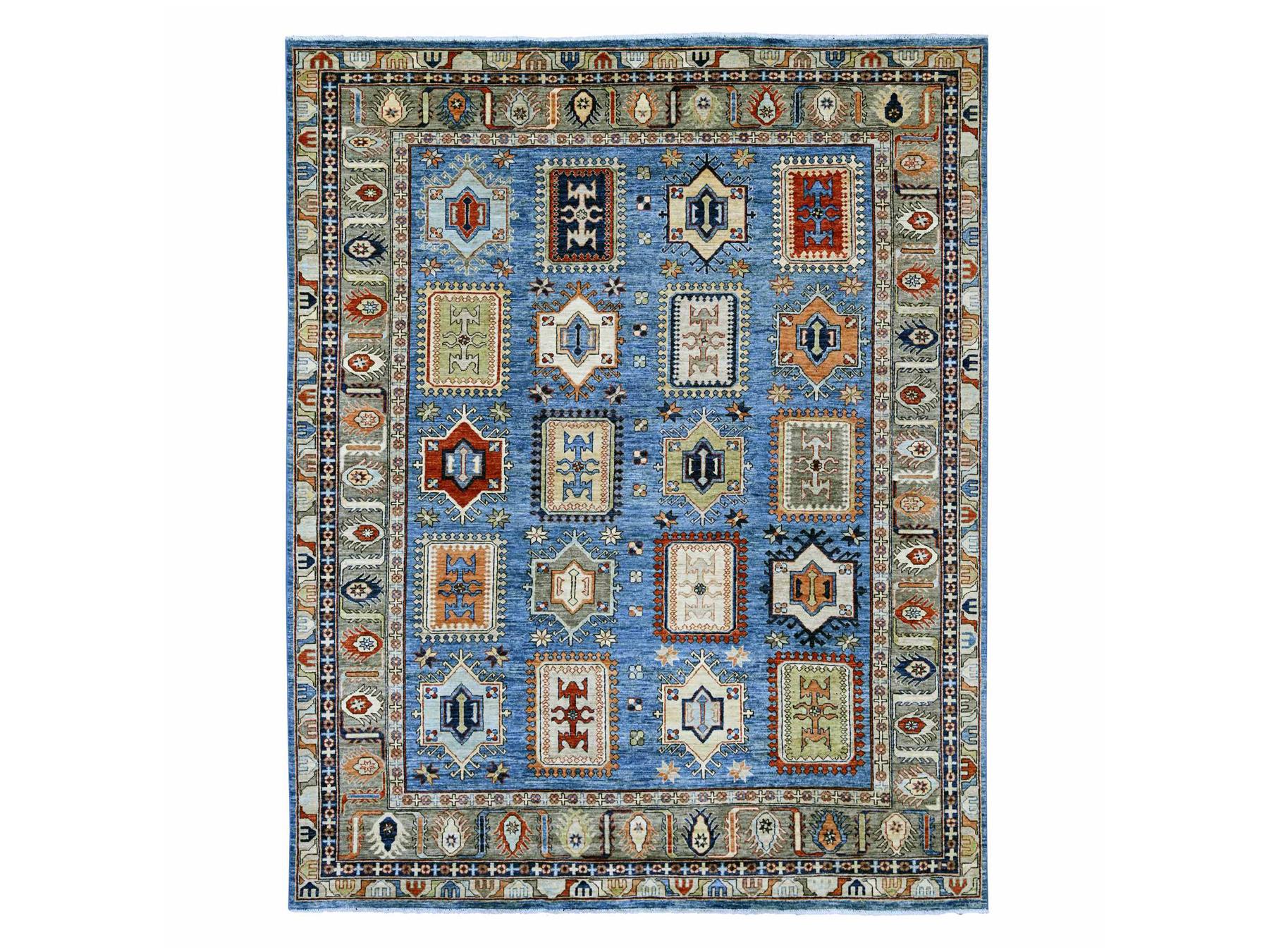 8'2"x10' Carolina Blue, Afghan Ersari with Turkish Knot, Caucasian Design Revival, Hand Knotted, Soft Wool, Vegetable Dyes, Densely Woven, Oriental Rug HR22436