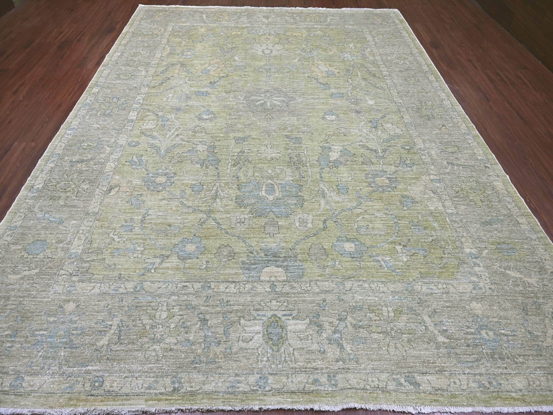 9'x11'10" Swamp Green, Peshawar with All Over Design, Hand Knotted, High Mountain Wool, Densely Woven, Oriental Rug HR22441 - Image 2