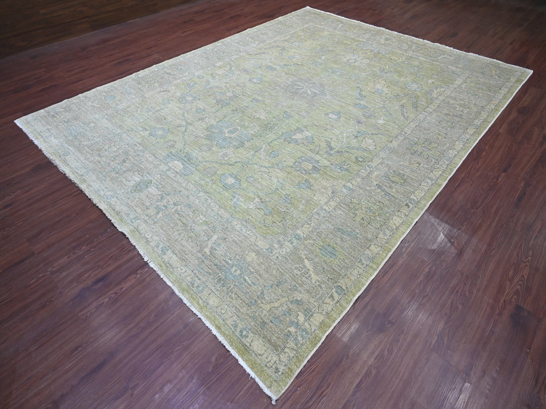 9'x11'10" Swamp Green, Peshawar with All Over Design, Hand Knotted, High Mountain Wool, Densely Woven, Oriental Rug HR22441 - Image 3