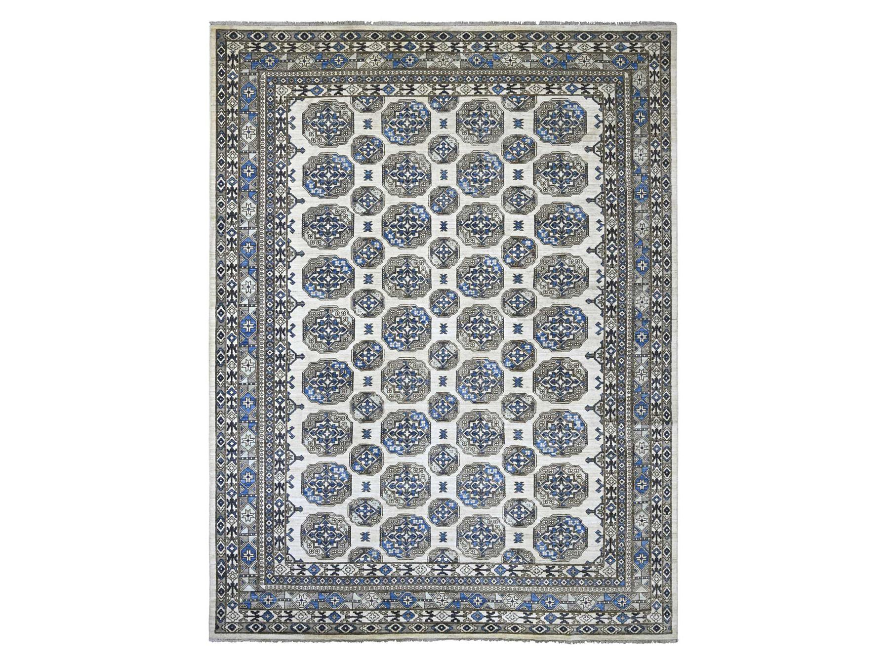 9'2"x11'9" Pearl White, Afghan Ersari with Elephant Feet Design, Hand Knotted, Natural Dyes, Pure Wool, Oriental Rug HR22452