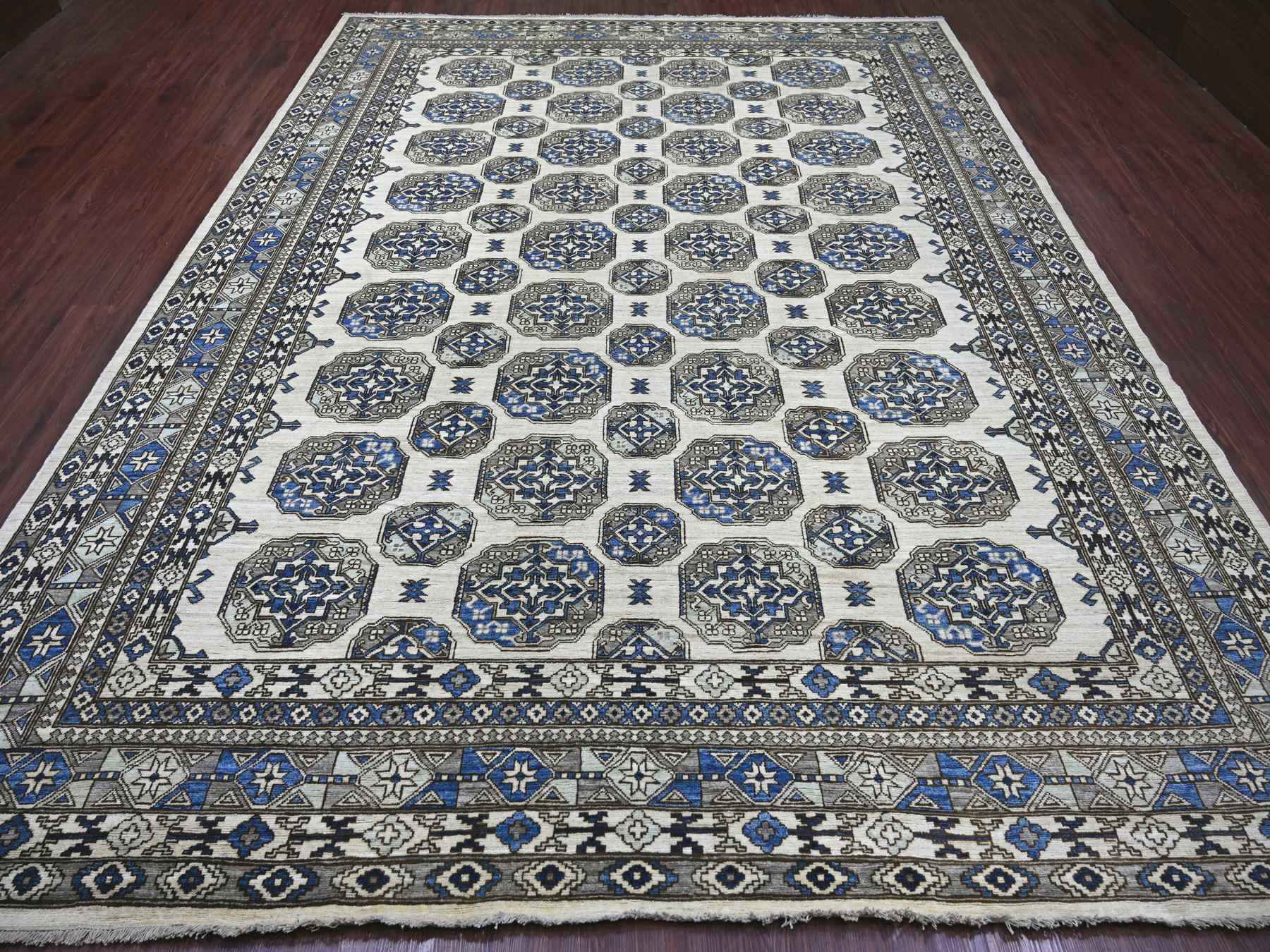 9'2"x11'9" Pearl White, Afghan Ersari with Elephant Feet Design, Hand Knotted, Natural Dyes, Pure Wool, Oriental Rug HR22452 - Image 2