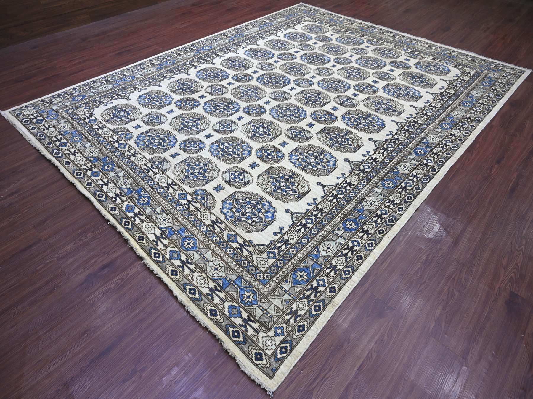 9'2"x11'9" Pearl White, Afghan Ersari with Elephant Feet Design, Hand Knotted, Natural Dyes, Pure Wool, Oriental Rug HR22452 - Image 3