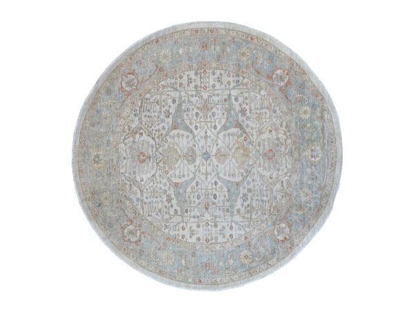 10'x10' Alabaster White, Peshawar with Bijar Garus Design, Hand Knotted, High Mountain Wool, Densely Woven, Round, Oriental Rug HR22460