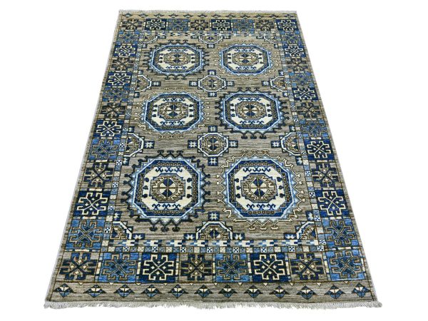 4'x6' Fossil Gray, Afghan Ersari with Elephant Feet Design, Hand Knotted, Vegetable Dyes, Pure Wool, Oriental Rug HR22485