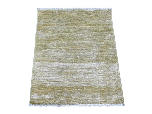 2'6"x3' Olive Green, Plain Solid Pattern, Hand Knotted, Hand Spun Ghazni Wool, Lush and Plush, Mat, Sample, Oriental Rug HR22502