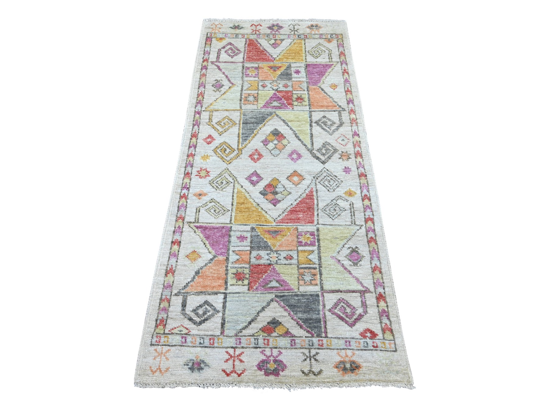 2'8"x6' Light Gray, Anatolian Village Inspired with Geometric Design, Hand Knotted, Pure Wool, Vegetable Dyes, Runner, Oriental Rug HR22512