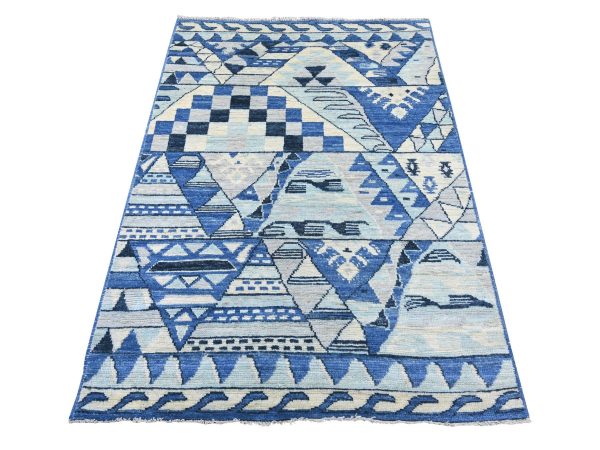 4'1"x5'8" Shades of Blue, Anatolian Village Inspired with Patchwork Design, Hand Knotted, Pure Wool, Vegetable Dyes, Oriental Rug HR22519