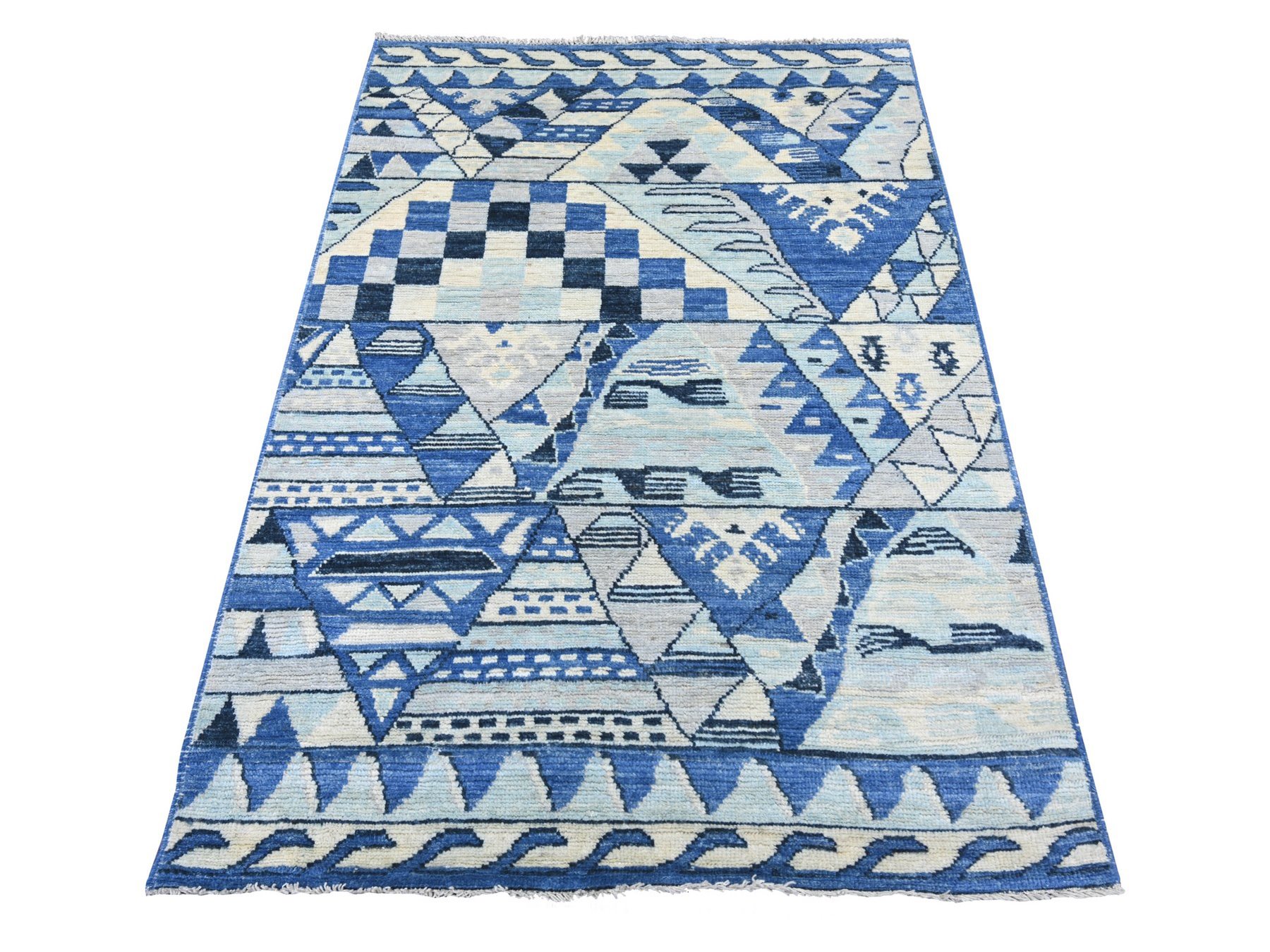 4'1"x5'8" Shades of Blue, Anatolian Village Inspired with Patchwork Design, Hand Knotted, Pure Wool, Vegetable Dyes, Oriental Rug HR22519