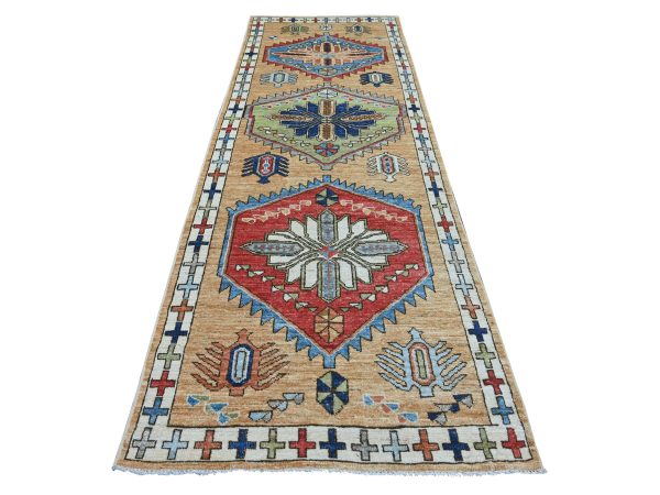 4'x11'6" Amber Brown, Anatolian Village Inspired Design with Large Medallions, Hand Knotted, Pure Wool, Vegetable Dyes, Wide Runner, Oriental Rug HR22520