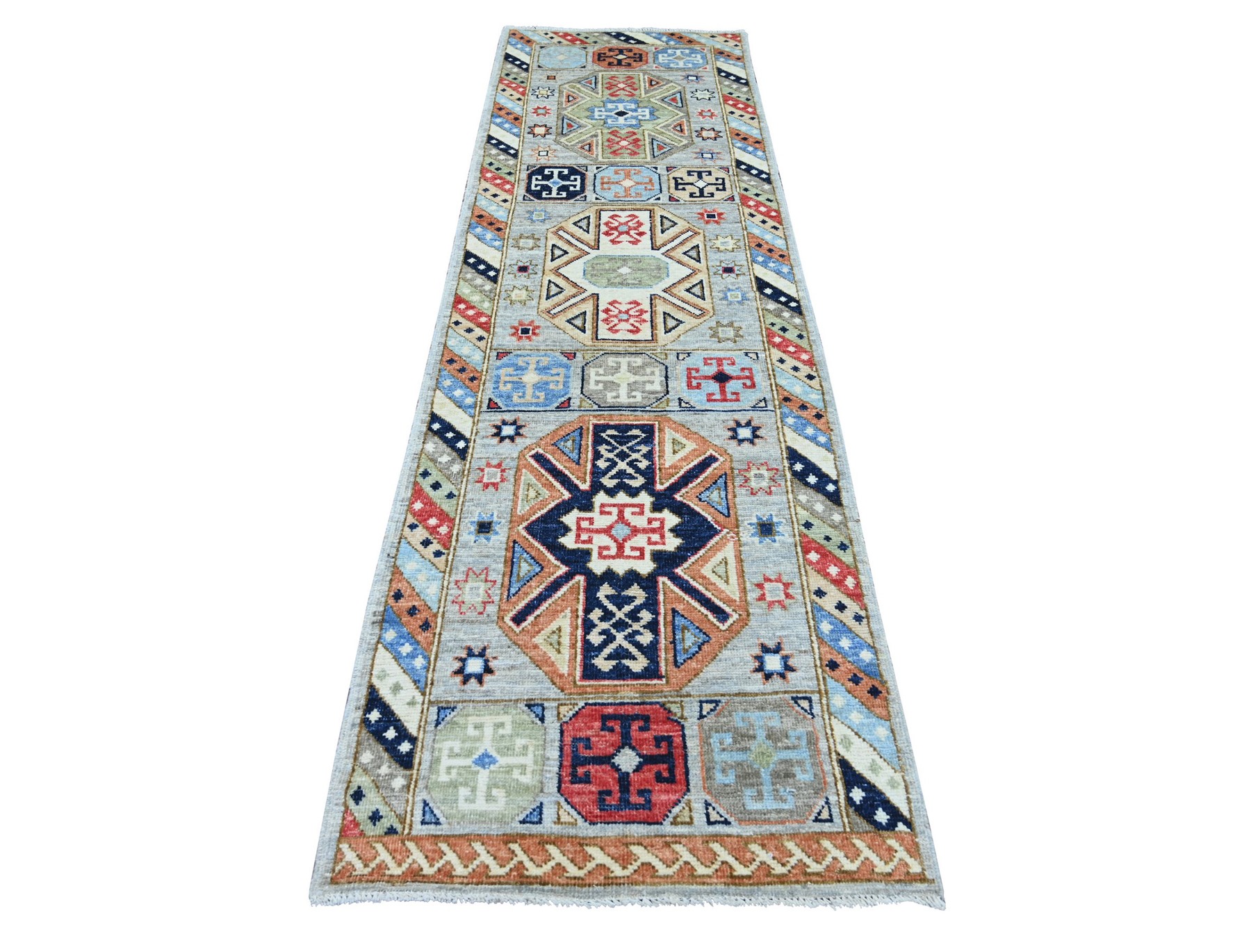 3'x9'8" Misty Gray, Anatolian Village Inspired Design with Geometric Medallions, Hand Knotted, Pure Wool, Vegetable Dyes, Runner, Oriental Rug HR22521