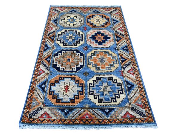 4'x6' Maya Blue, Afghan Ersari with Elephant Feet Design, Hand Knotted, Natural Dyes, Pure Wool, Oriental Rug HR22526