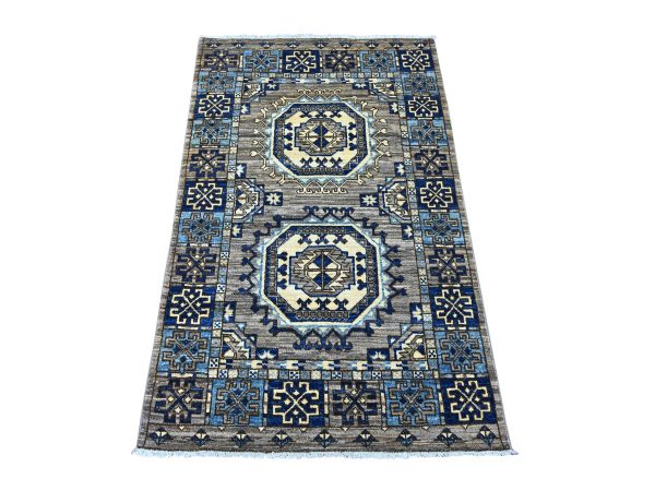 3'x5' Fossil Gray, Afghan Ersari with Elephant Feet Design, Hand Knotted, Vegetable Dyes, Pure Wool, Oriental Rug HR22529