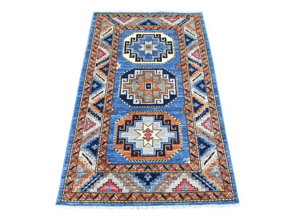 3'2"x5' Maya Blue, Afghan Ersari with Elephant Feet Design, Hand Knotted, Vegetable Dyes, Pure Wool, Oriental Rug HR22536