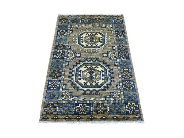 3'3"x4'10" Fossil Gray, Hand Knotted, Afghan Ersari with Elephant Feet Design, Vegetable Dyes, Pure Wool, Oriental Rug HR22538