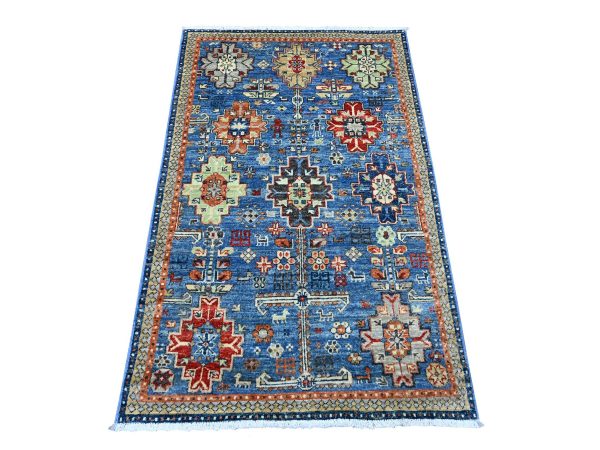 3'x4'9" Bayern Blue, Afghan Ersari with Turkish Knot, Caucasian Design Revival, Hand Knotted, Soft Wool, Vegetable Dyes, Densely Woven, Oriental Rug HR22539