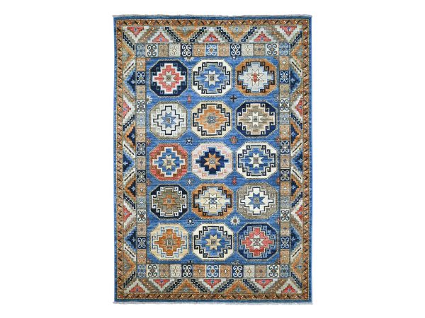 6'x8'10" Maya Blue, Afghan Ersari with Elephant Feet Design, Hand Knotted, Denser Weave, Natural Dyes, Pure Wool, Oriental Rug HR22540