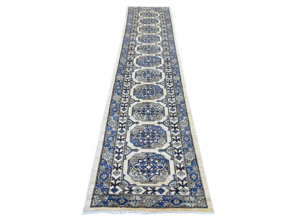 2'7"x11'8" Pearl White, Afghan Ersari with Elephant Feet Design, Hand Knotted, Natural Dyes, Denser Weave, Pure Wool, Runner, Oriental Rug HR22550
