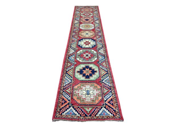2'7"x12'6" Barn Red, Afghan Ersari with Elephant Feet Design, Hand Knotted, Pure Wool, Vegetable Dyes, Denser Weave, Runner, Oriental Rug HR22551